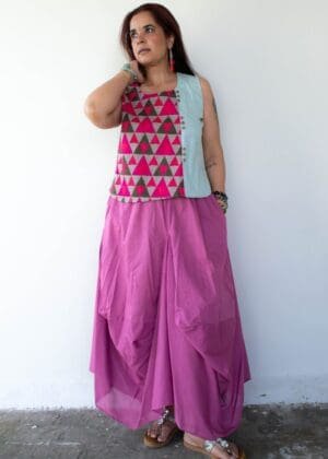 Model in Blue Two Tone Patched Blouse posing front