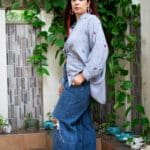 Model in Blue Embroidered Anti-Fit Shirt posing side