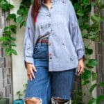 Model in Blue Embroidered Anti-Fit Shirt posing front