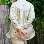 Model in Mint Embroidered Anti-Fit Shirt posing back