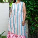 Model in multi-colored Mix Printed Layered Dress posing front