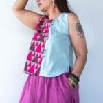 Model in Blue Two Tone Patched Blouse posing side