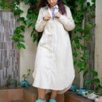 Model in Beige Panelled Long Shirt Dress posing front