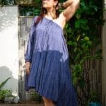 Model in Blue Crinkled Tiered Dress posing front