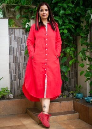 Model in RedPanelled Long Shirt Dress posing front