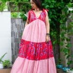 Model in Red Shoulder Bow Tiered Maxi Dress posing front