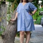 Model in Blue Two Toned Pocket Dress posing front